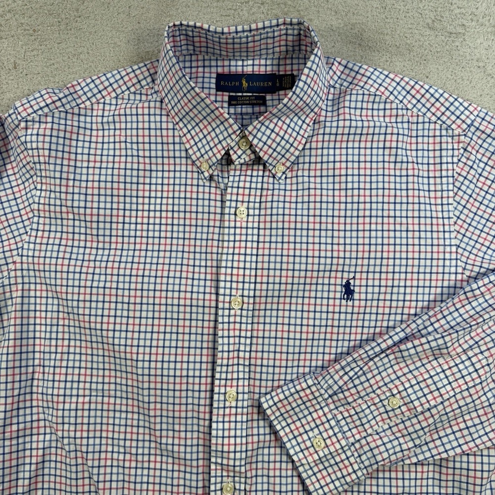 Polo Ralph Lauren Shirt Men's L Pink Blue Check Classic Fit Cotton Stretch Pony